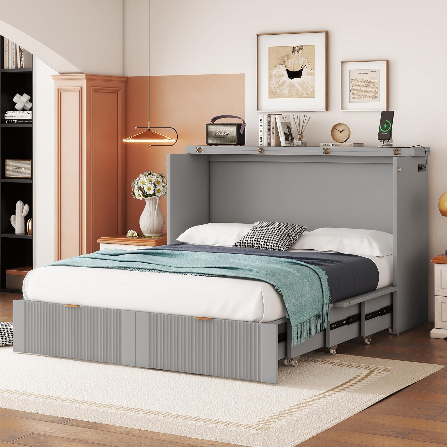 KOYVRY Murphy Bed Cabinet - Hidden Murphy Beds with Pulley Structure Design and Flexible Slats, Murphy Bed Dresser with 2 Drawers, 2 Storage Cabinets and Sockets & USB Ports (Gray, Full)