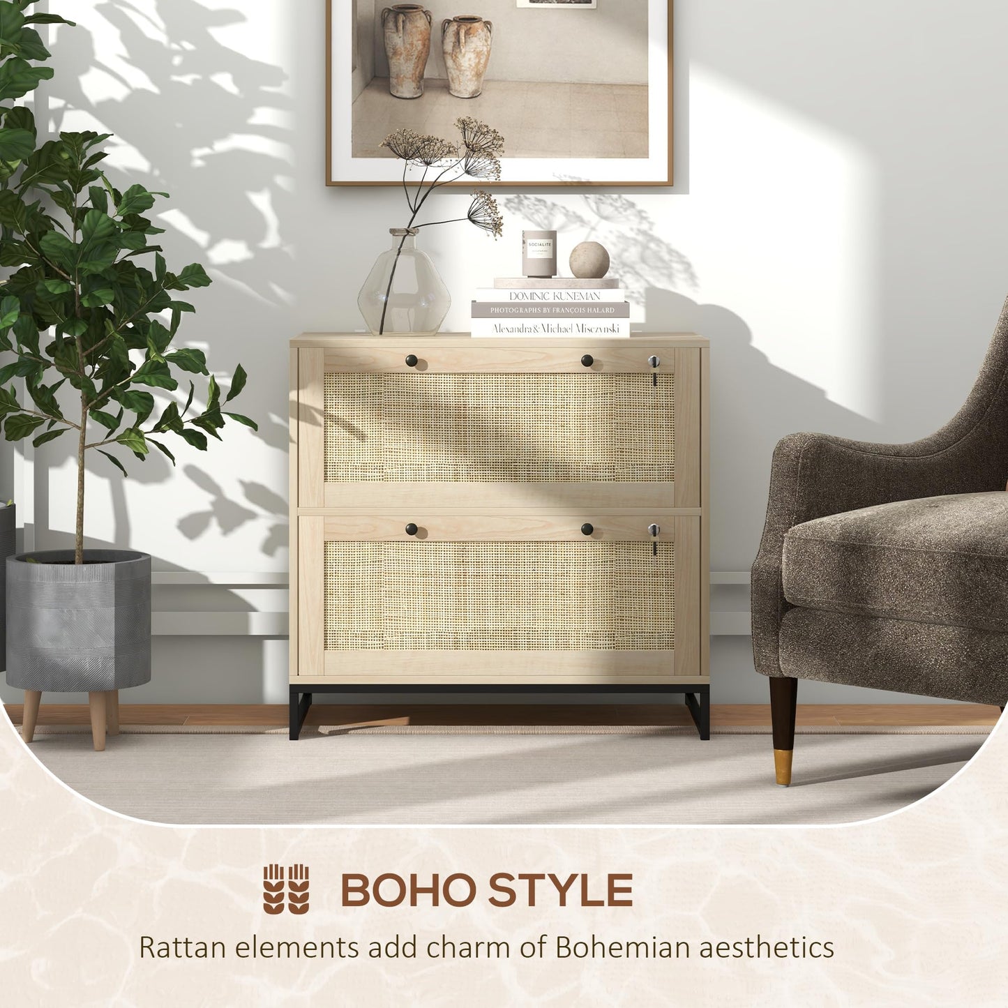 Vinsetto 2 Rattan Drawer File Cabinet with Lock, Lateral Filing Cabinet with Adjustable Hanging Bar for Letter, A4 and Legal Size Files, Printer Stand for Home Office, Natural