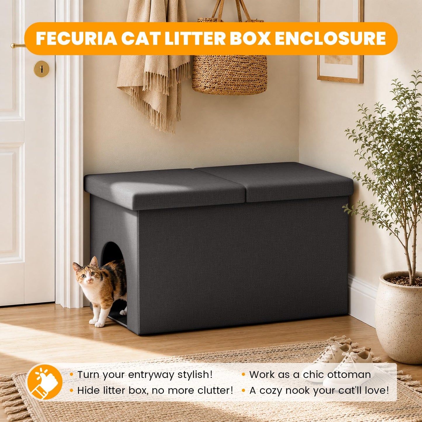 Fecuria 3-in-1 Cat Litter Box Enclosure with Odor Control, Multi-Functional Hidden Litter Box Furniture Bench, Dog Proof, Space-Saving Ottoman Cabinet with Flip-Up Lid, Storage Footrest, Dark Grey