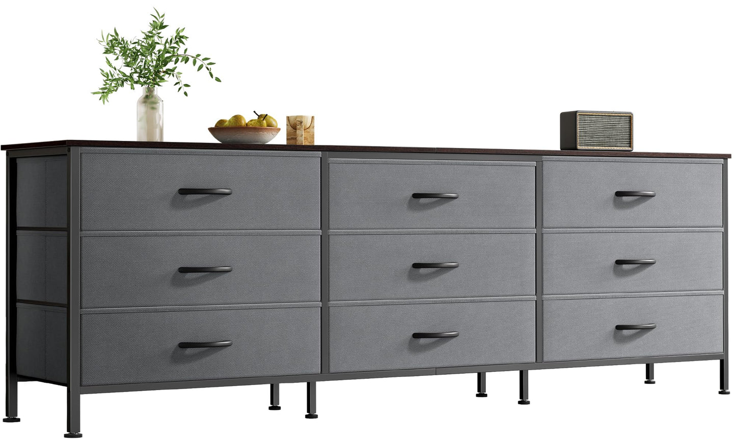 Huuger 63 Inch Dresser for Bedroom, Dresser for Closet with 9 Fabric Drawers, Large TV Stand for 55, 65, 70 Inch TV, Entertainment Center with Storage, Wide Long Chest of Drawers, Walnut and Dark Grey