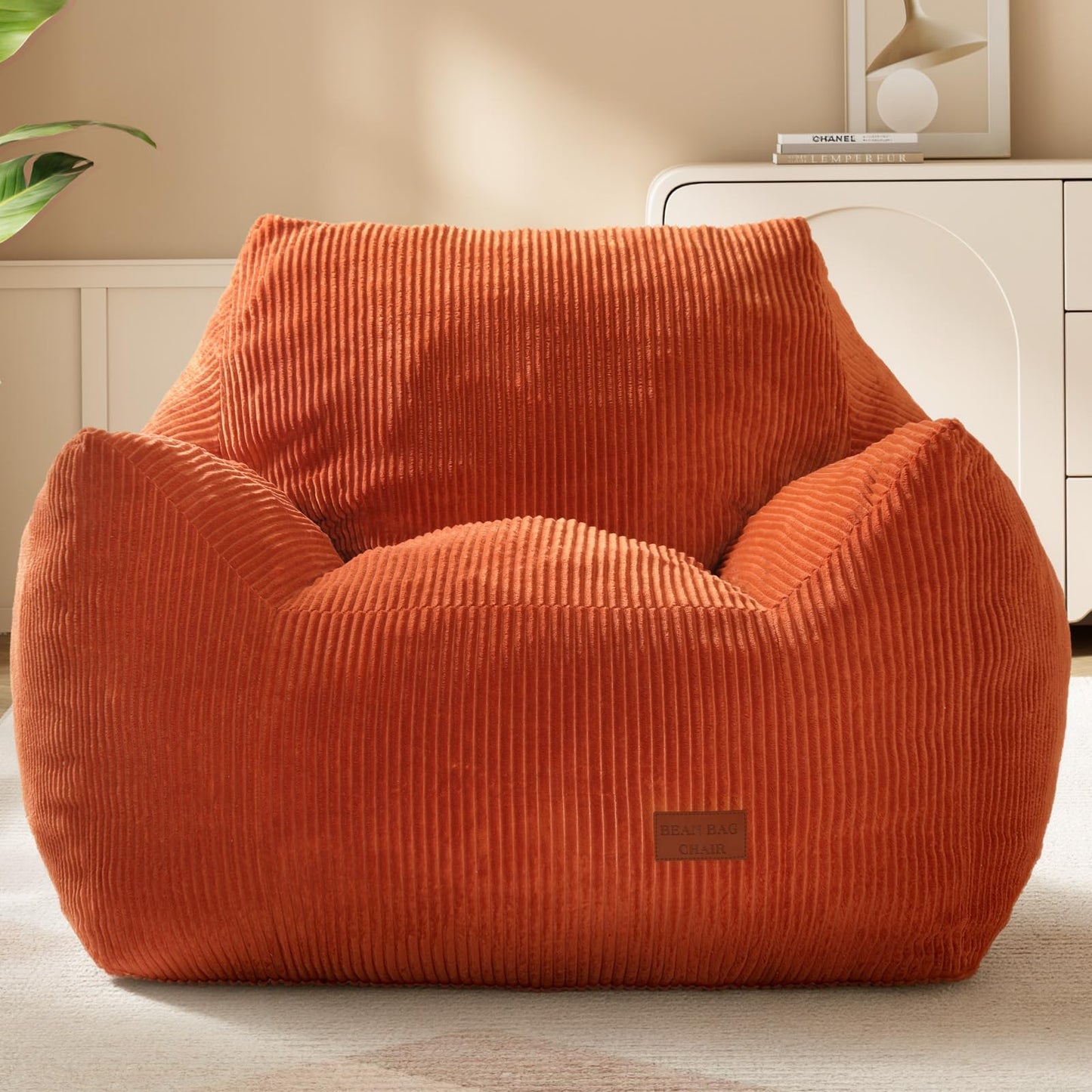 Vellorise Big Bean Bag Chair for Adults, Ultra Soft Living Room Bean Bag with Armrests, Stuffed BeanBag Chair for Napping, Gaming, Vacuum-Compressed for Easy Gifting, 48 Hours to Fluffs Up, Orange