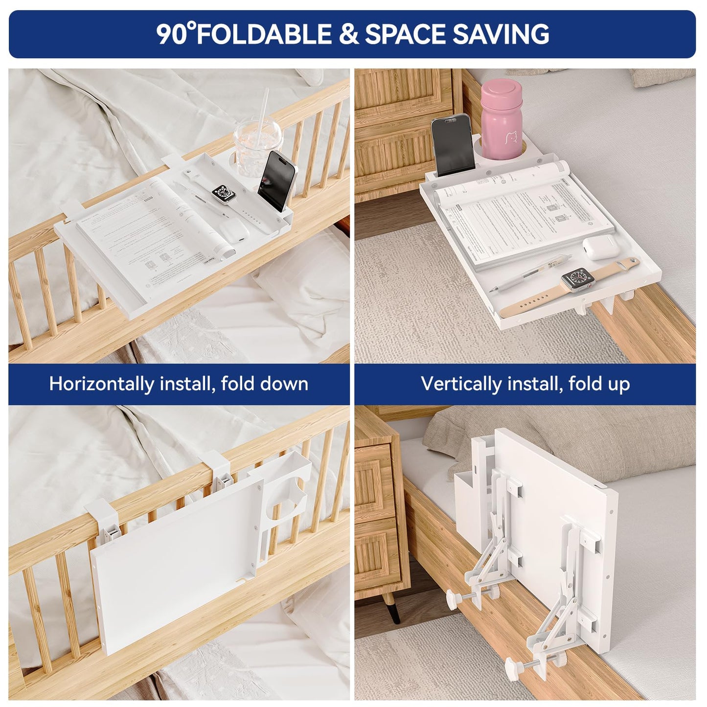 AmzAge Metal Bedside Shelf Table Tray with Cup Holder, Foldable Bed Side Table for Bunk Bed & Top Bunk, College Dorm Room Essentials for Guys & Girls, Clip-on Laptop Nightstand for IKEA Beds, White