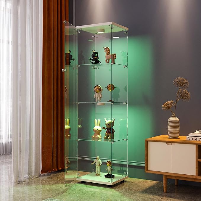 FANYUSHOW Display Cabinet with Glass Door and LED Light, 4-Tier Tempered Glass