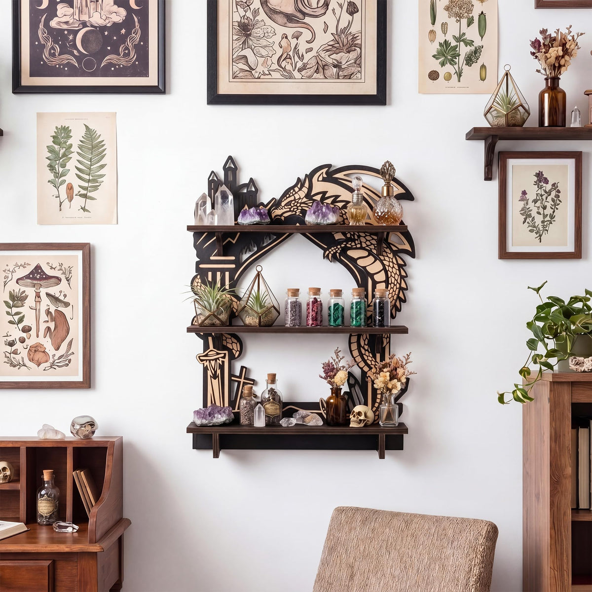 FNYDOX Wooden Dragon Shelf, Gothic Trinket & Knick Knack Shelves, Witchy Fantasy Dragon Decor with LED Light, Floating Shelf for Crystals Rocks Gems Healing Stones Display, Essential Oil Wall Shelf
