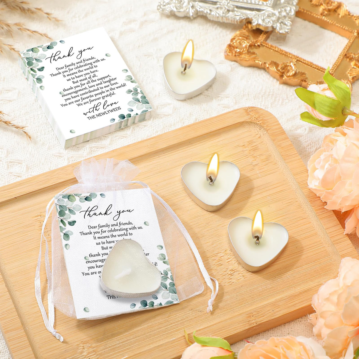 Threlaco 150 Sets Wedding Favors for Guests Bulk Mini Heart Shaped Candles Wedding Party Favors for Guests with Thank You Cards and Organza Bags Bridal Shower Party Souvenir Candle Gifts