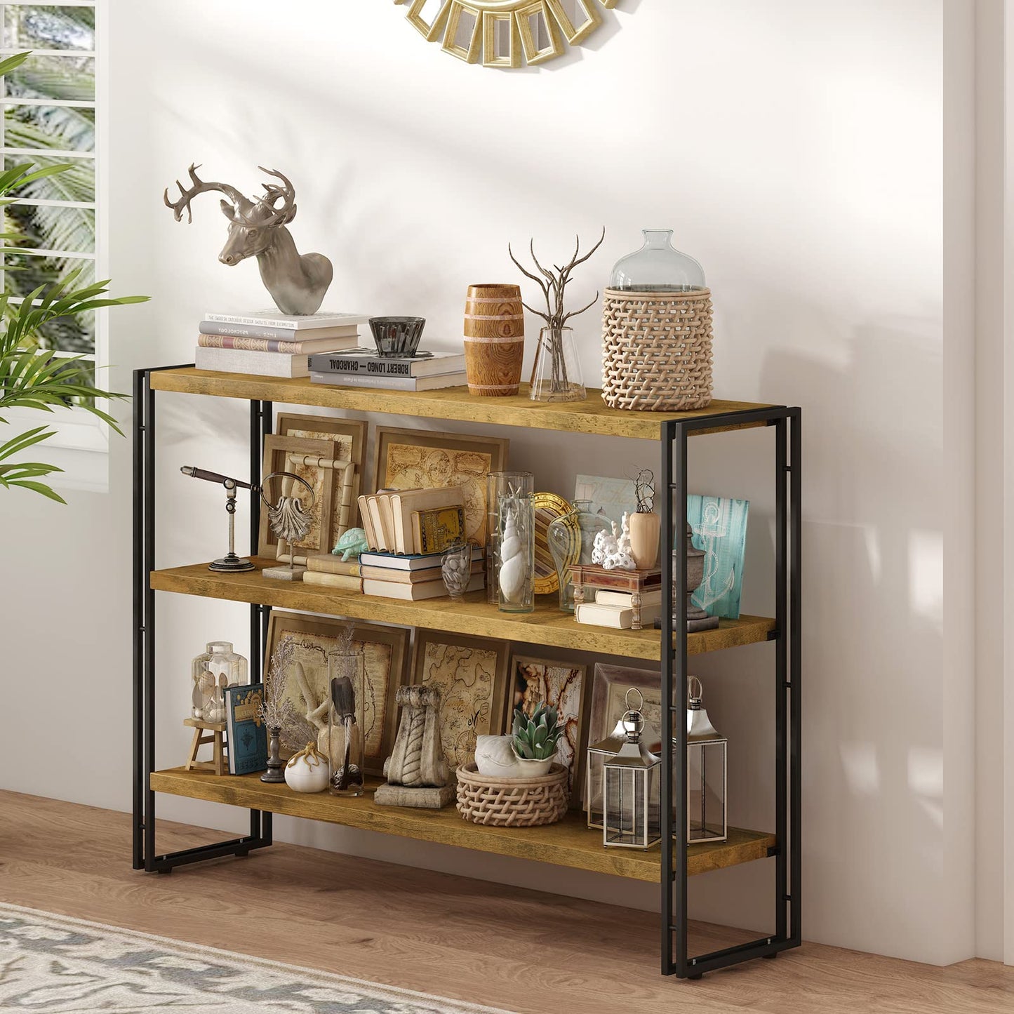 HCHQHS 3-Tier Rustic Wood and Metal Industrial Bookshelf for Home Office, Bedroom, Kitchen, Bathroom - 47in