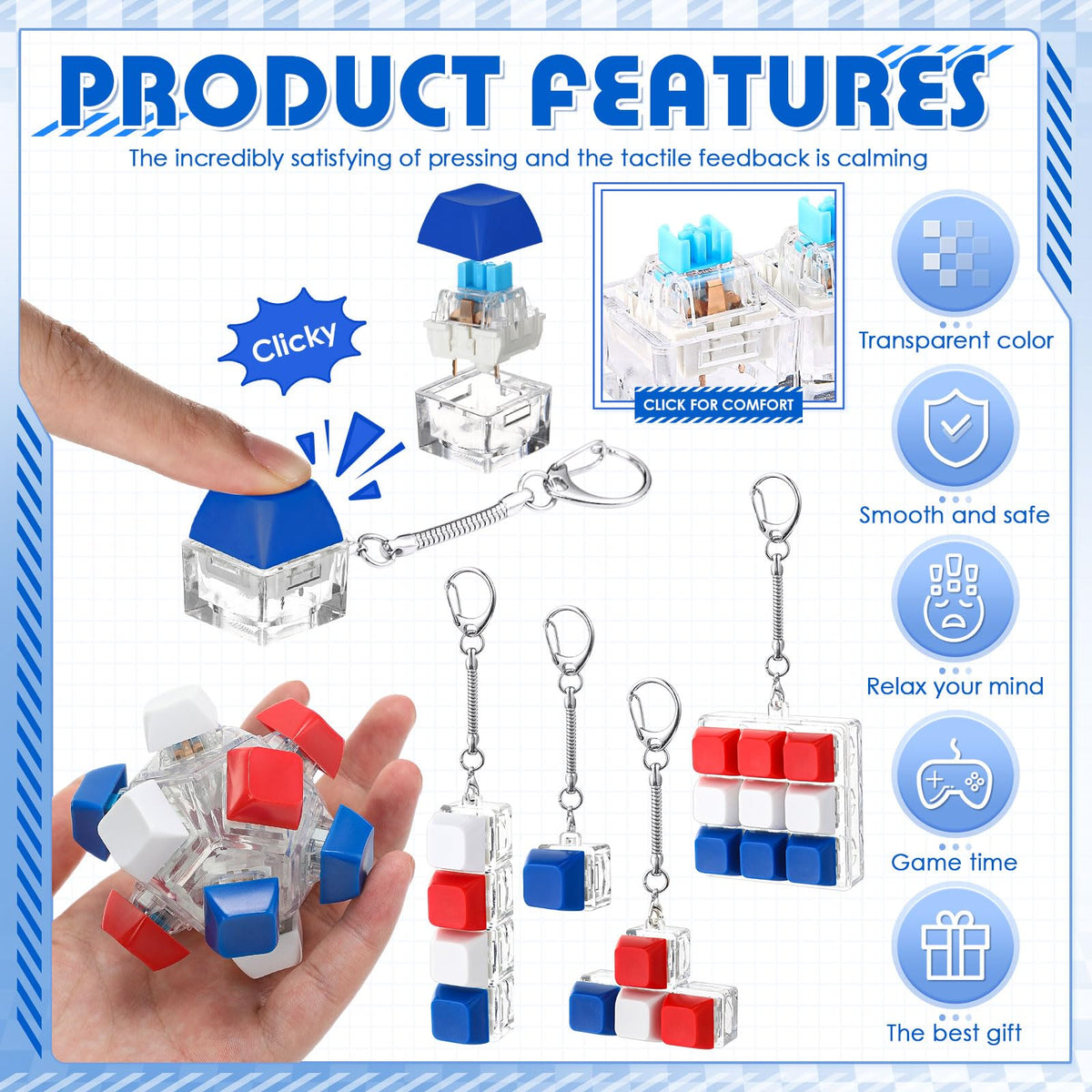 Halloscume 5 Pcs 4th of July Keyboard Fidget Clicker Keychain in 5 Styles Red White Blue Cube Mechanical Key Button Clicker Stress Relief Gift for Memorial Day 250th Anniversary Office Home