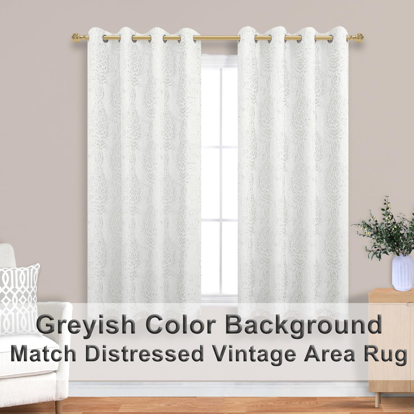 Mrs.Naturall Greige Curtains for Bedroom 45 Inch Length, Off White 50% Blackout Black Out Grommet Boho Damask Window Treatments Curtain Drapes, Cream