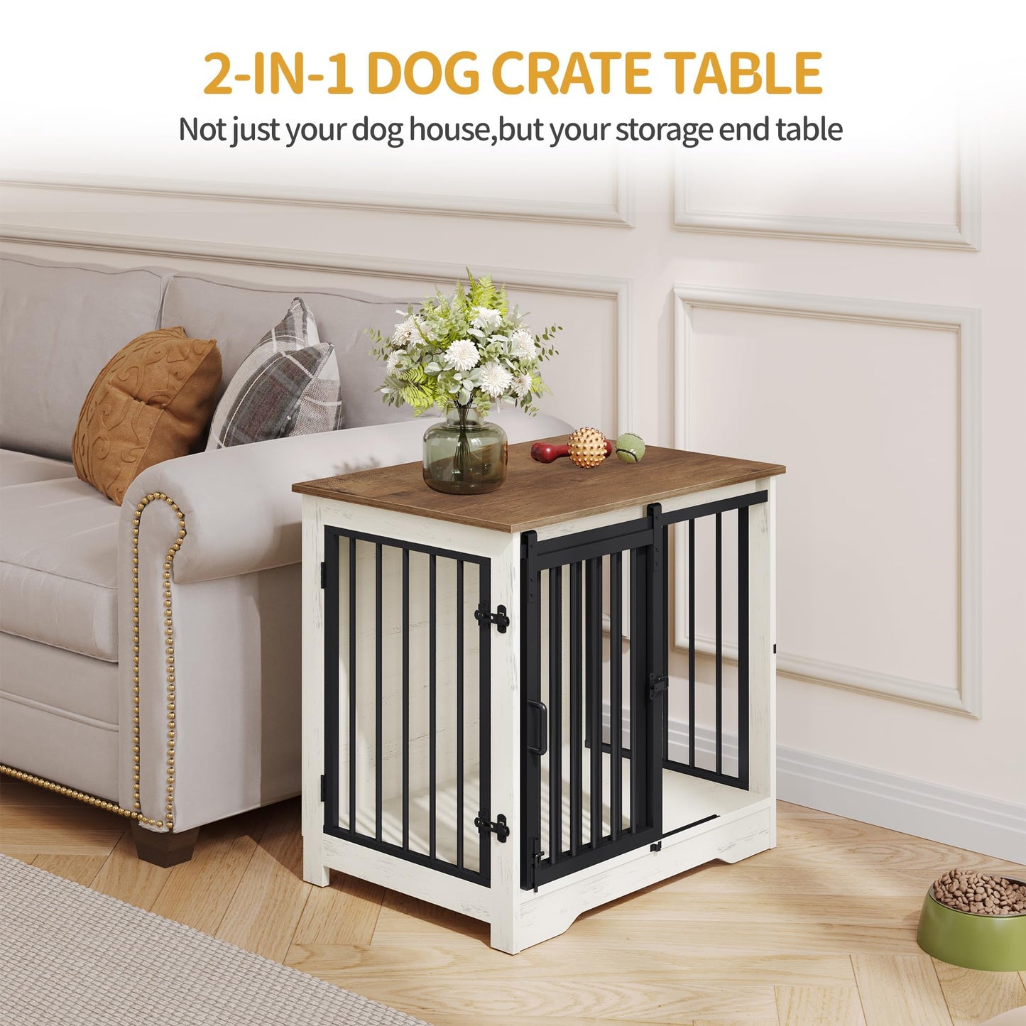 Hzuaneri 27.2" Dog Crate Furniture with Barn Door, Heavy Duty Dog Kennel Indoor with 2 Doors, Wooden Pet Cage End Table for Small Medium Dogs up to 22 lb, Anti-Chew Anti-Escape, White Brown DFC84314B