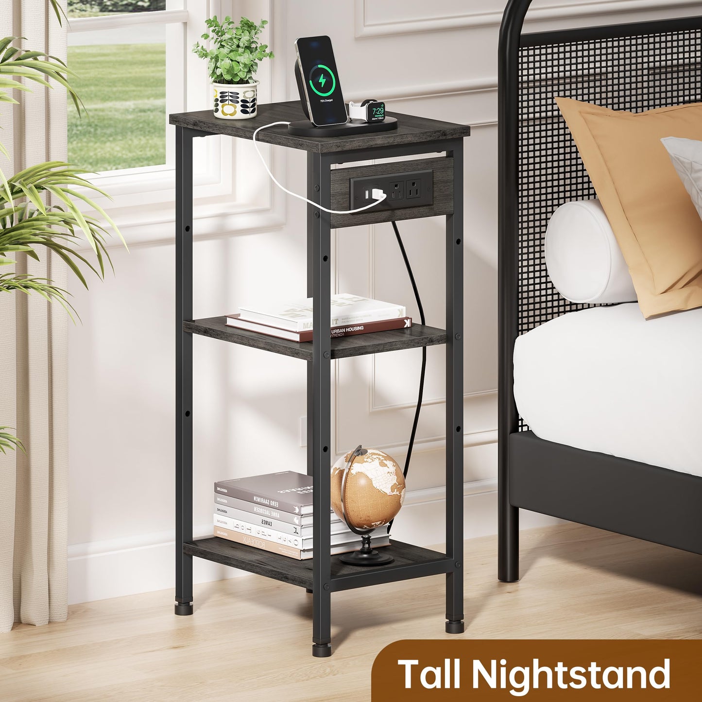 Asgolion Tall End Table with Charging Station, 3 Tier Narrow Beside Table with Adjustable Shelf, Tall Gray Side Table Nightstand for Bedroom, Living Room Coffe Table, Office, Charcoal Grey