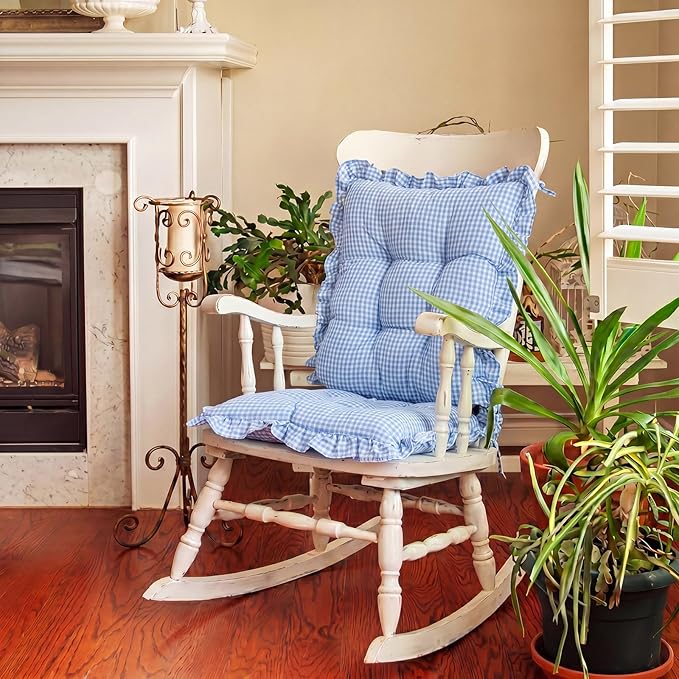 Lewtemi 2 Set Blue Gingham Rocking Chair Cushion Village Ruffled Rocking Chair