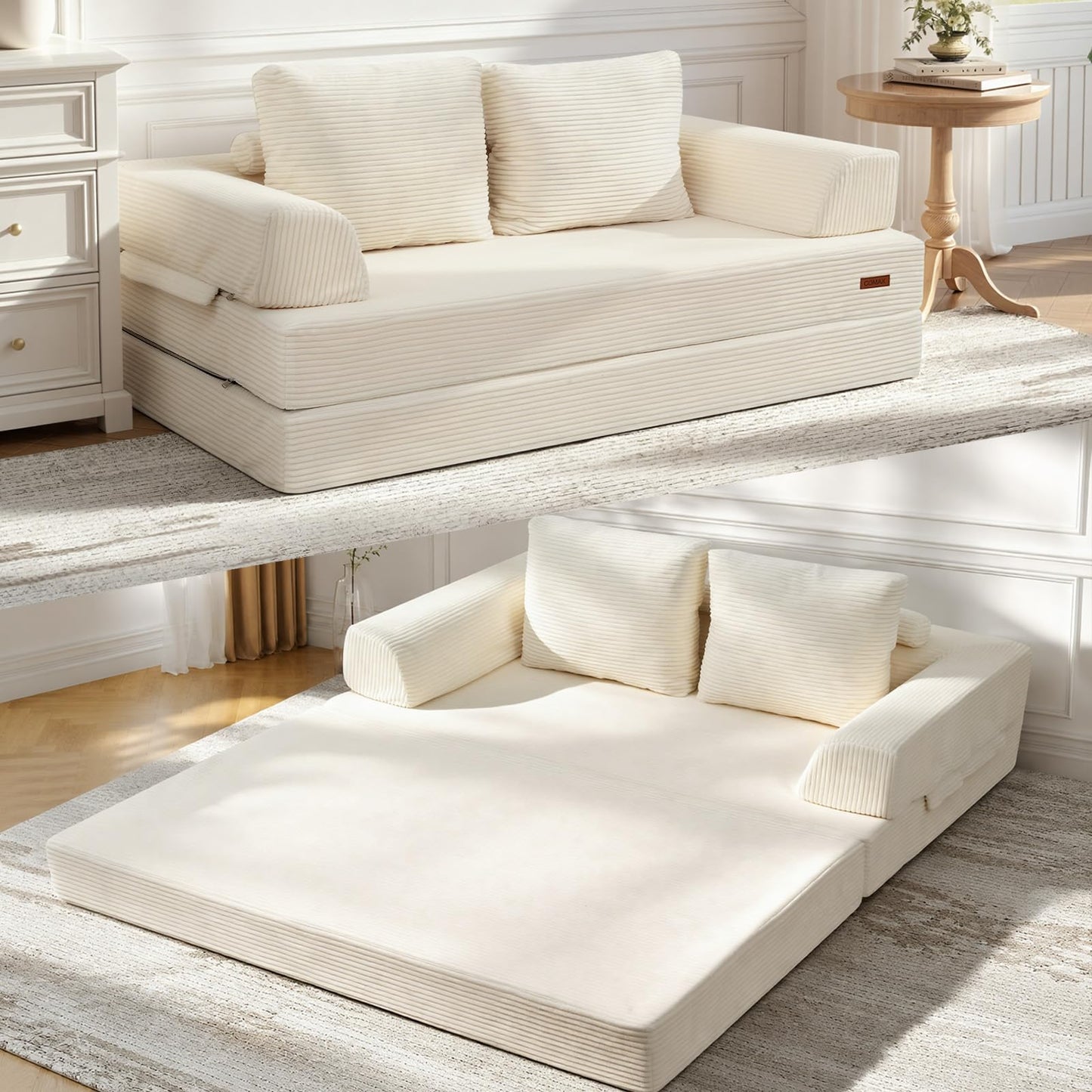 COMAX Futon Sofa Bed, Convertible Folding Sofa Bed, Boneless Couch Loveseat Corduroy with Pillows, Small Foldable Floor Couch Comfy Lounge Sleeper for Living Room Bedroom, Beige