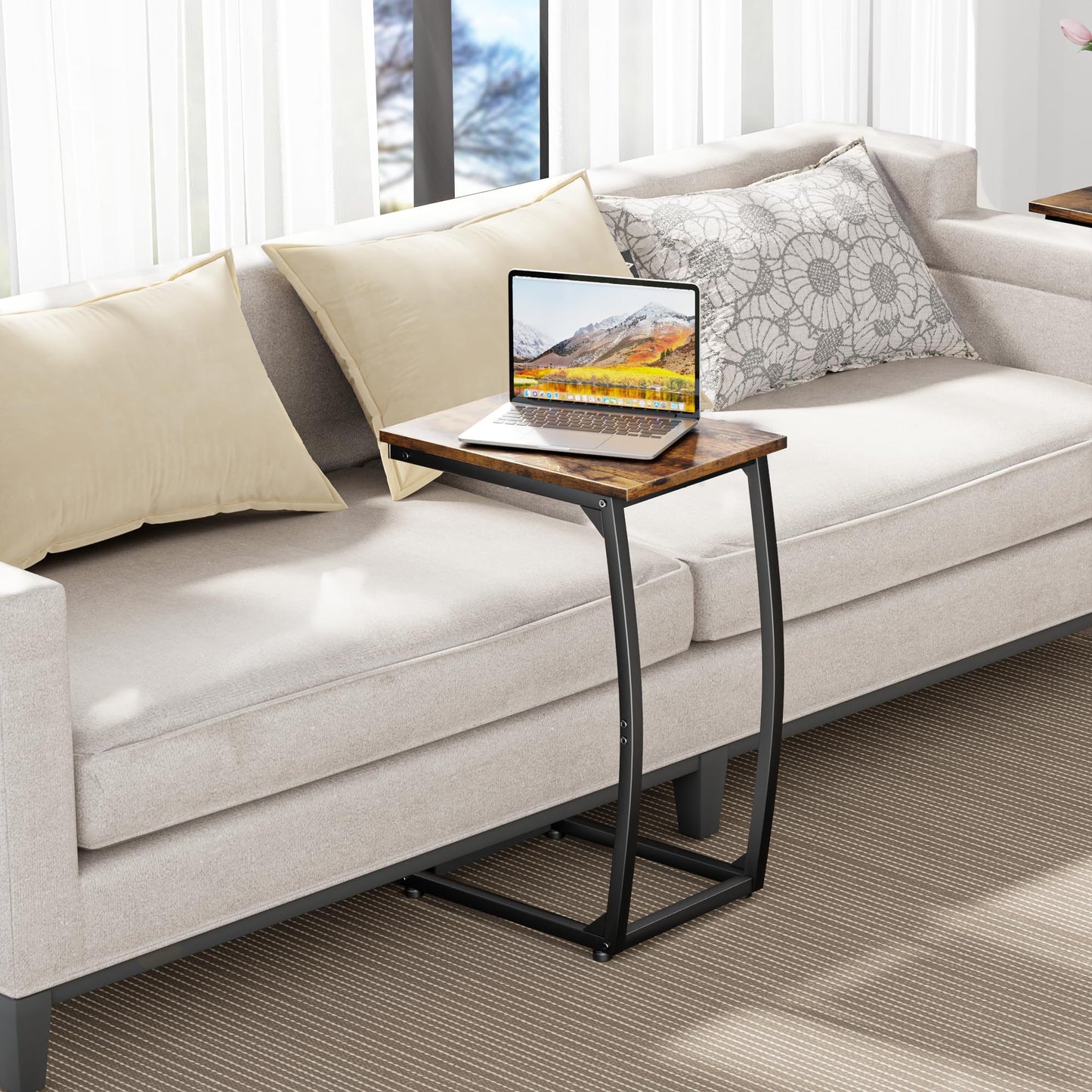 LAKEMID C-Shaped End-Table Set of 2 - Side Table for Couch,Curved Support Legs, Slide Under Couch Table for Sofa, TV Tray Table for Living Room Bedroom (Rustic Brown)
