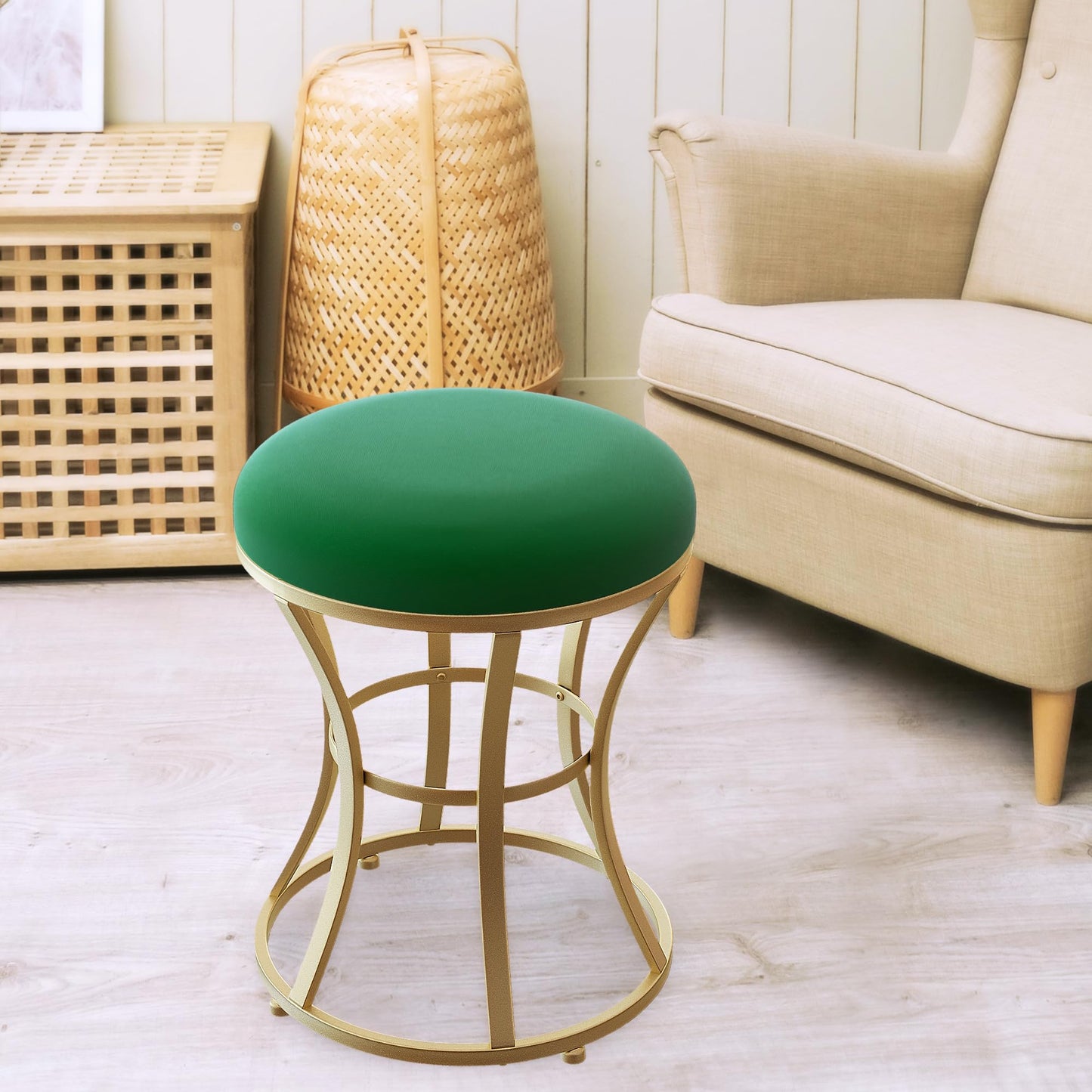 Ellensamqi Velvet Soft Modern Vanity Footstool -Round Footrest Stool Ottoman Seat Dressing with Golden Metal Leg and Sponge Filling,Upholstered Foot Rest, for Living Room and Bedroom Green