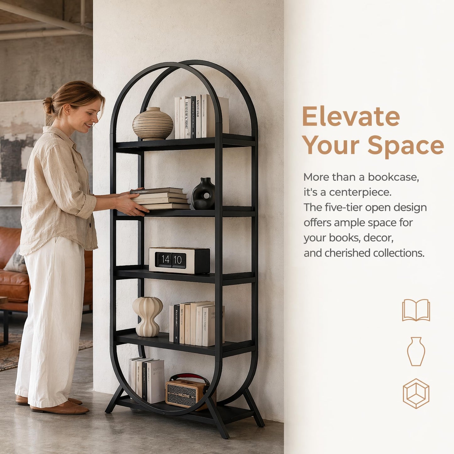 Kogven Bookshelf Arched Bookcase, Industrial 5 Tier Open Book Shelves with Metal Frame, 72" Tall Freestanding Display Rack for Home Office, Living Room, Black