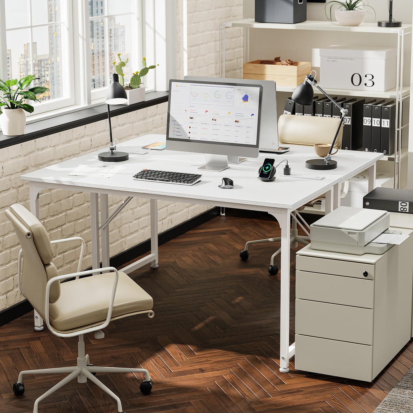 PRAISUN 47 X 20 Inch Office Computer Desk with Power Outlets and USB-C Port, Larger Gaming Desk, for Home Office, Study, Bedroom, Writing Work from Home Table, Metal Frame, White