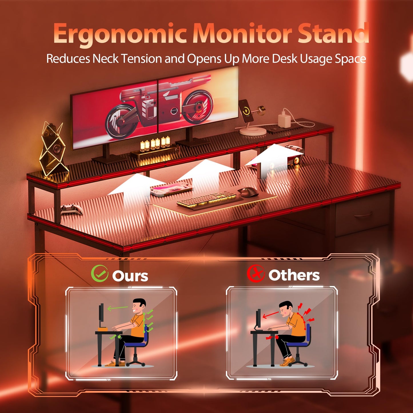Mericonia 63 inch Computer Desk with Storage Drawers & Monitor Stand, Reversible Gaming Desk with LED Lights & Power Outlets, Large Gaming Table for Home Office