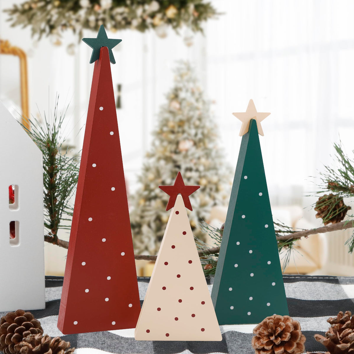 Christmas Decorations-Three Sizes Wooden Tree Sign with Star-Christmas Decorations for Home Shelf Mantel Fireplace Table Party Decor