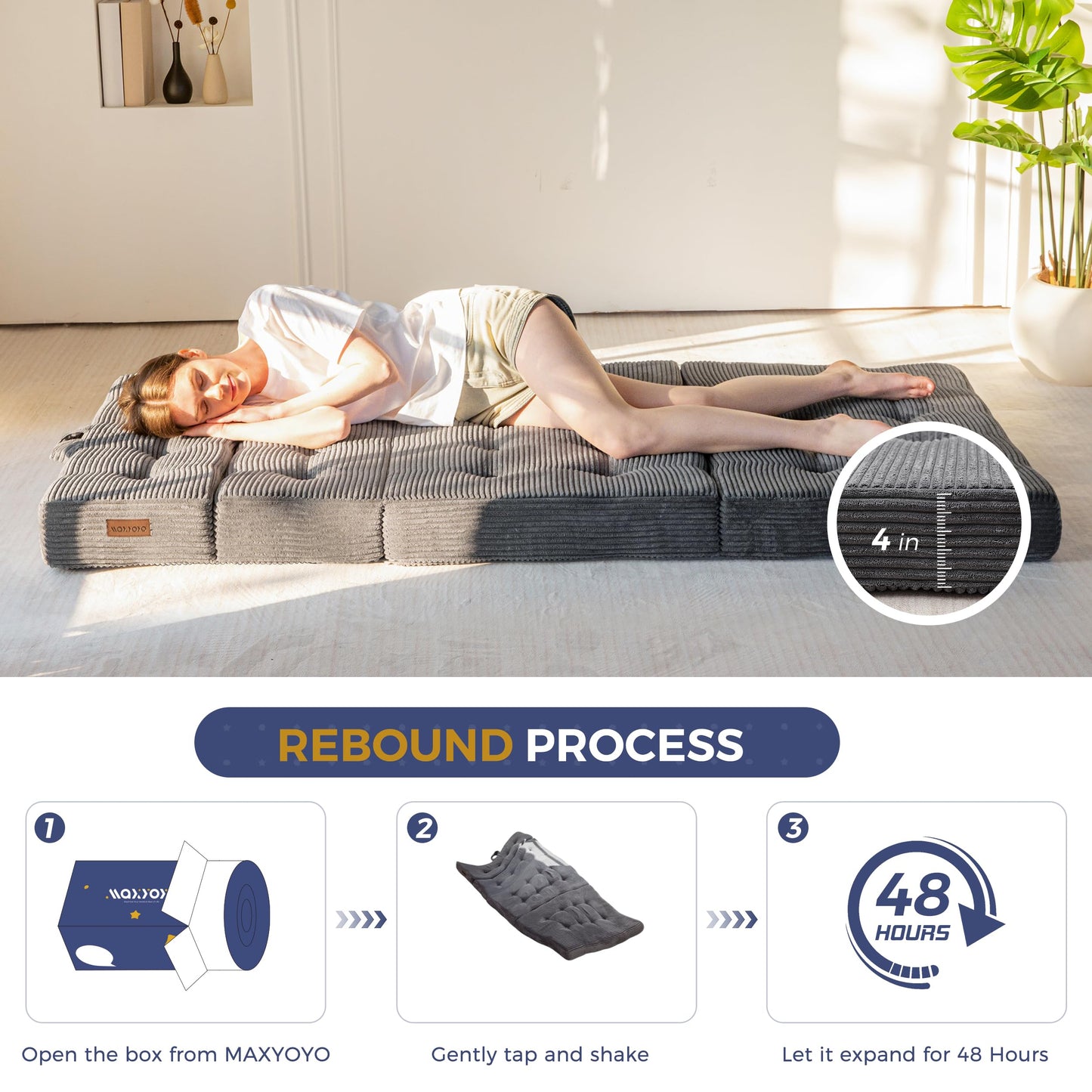 MAXYOYO Foldable Sofa Couch Bed, 4 Inch Tufted Folding Couch, Portable Floor Couch with Handles Guest Bed Topper Portable Camping Mat with Corded Fabric, Twin Size, Dark Grey