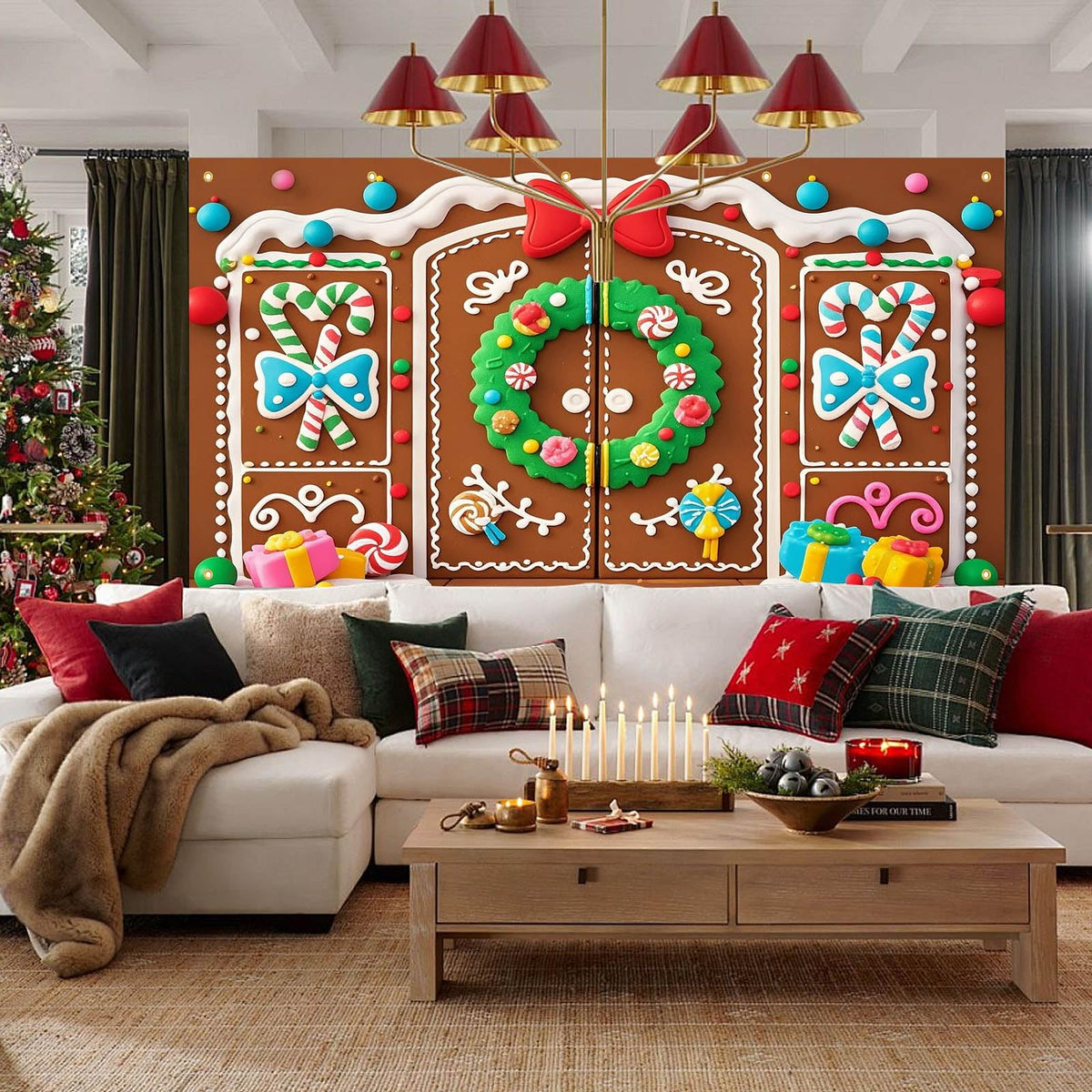 HOMETITUTE Christmas Garage Door Banner 13x6ft Gingerbread House Double Door Cover Candy Cane Backdrop Holiday Party Scene Winter Indoor Outdoor Sweet Wall Hanging Festive Gift Box Season