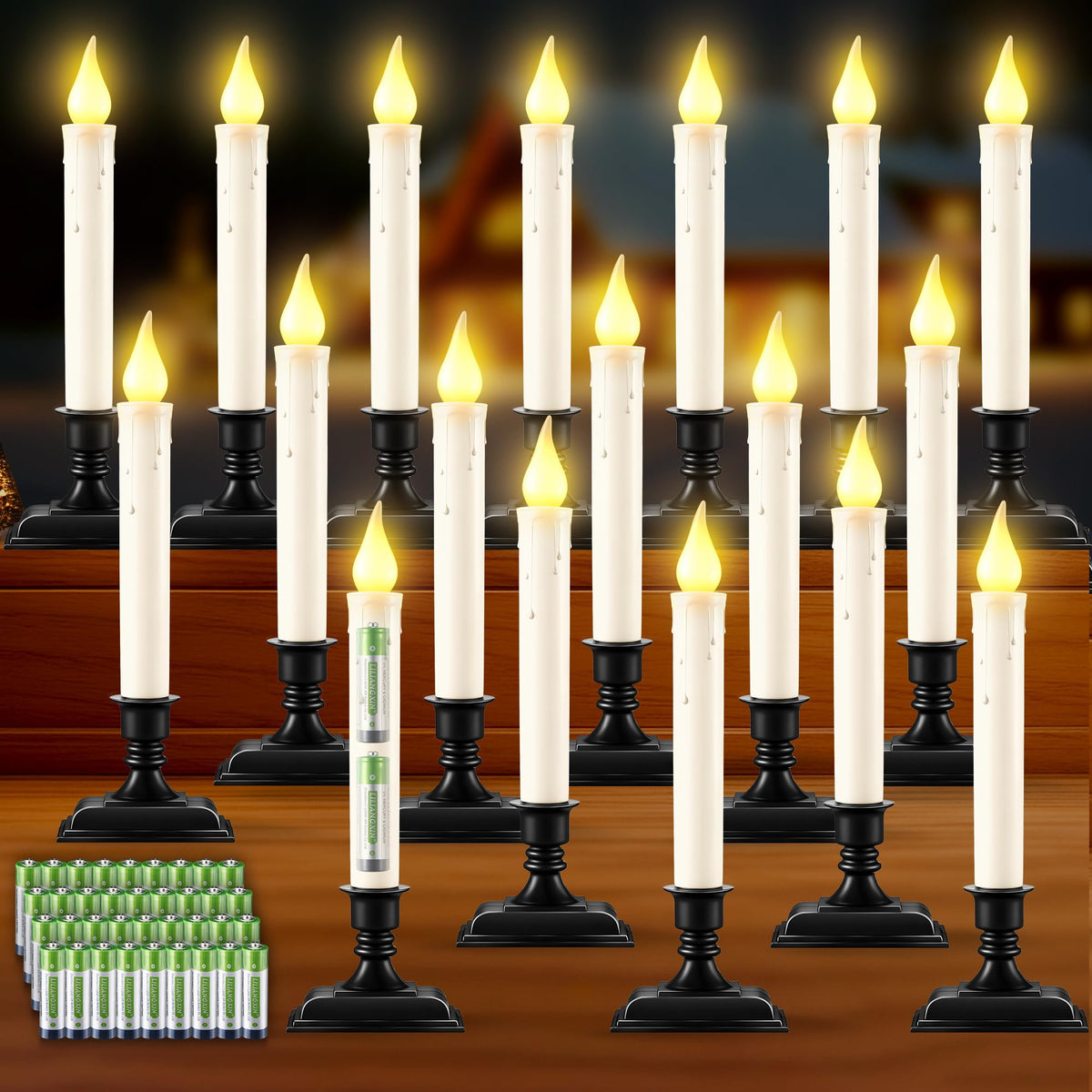 Enhon 18 Pack Battery Operated LED Window Candles, Dusk to Dawn Light Sensor, with Black Holders and Suction Cups, Ivory Christmas Window Candles, Amber Flicker Flame (Batteries AA Included)
