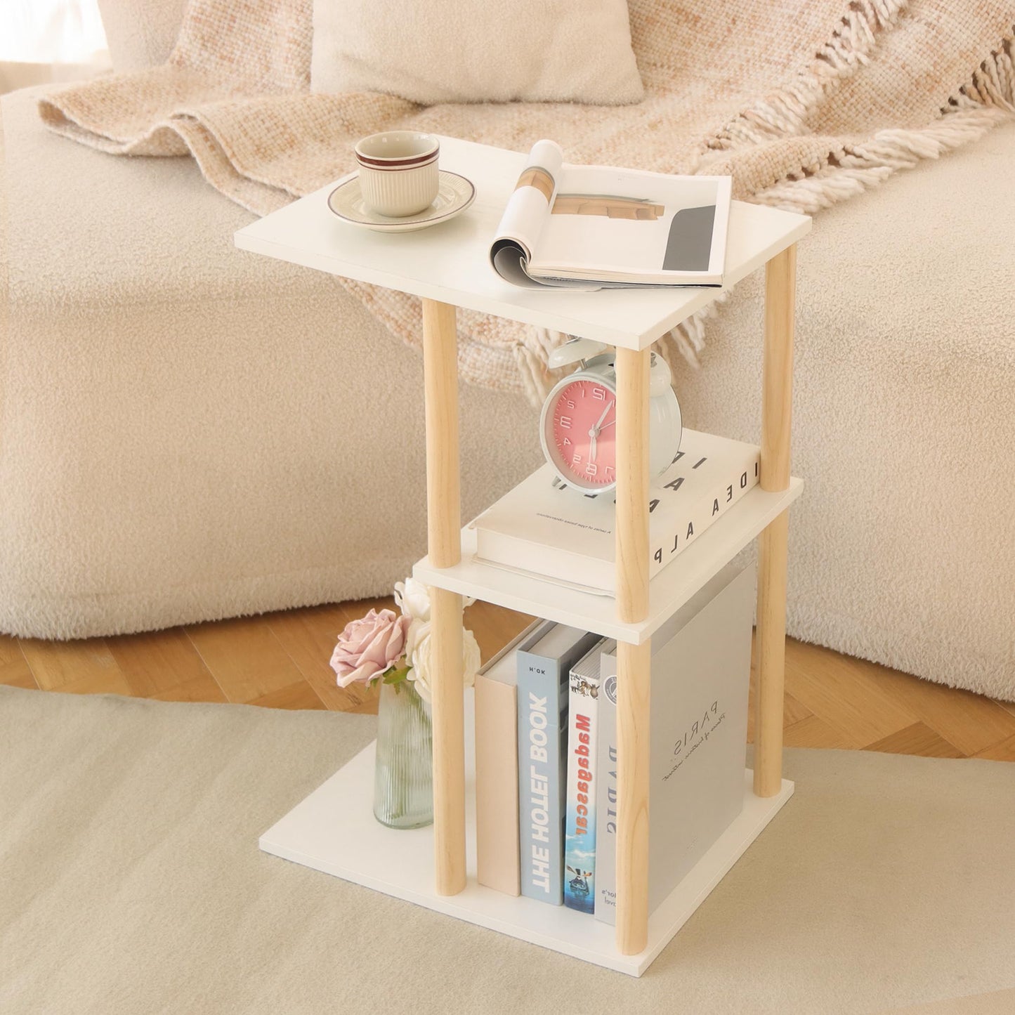 AWASEN C Shaped End Table, Small Side Table for Couch, 3-Tier Wood Sofa Table Coffee Table for Living Room, Small Space, Bedroom, Home Office, Easy Assembly, Natural and White