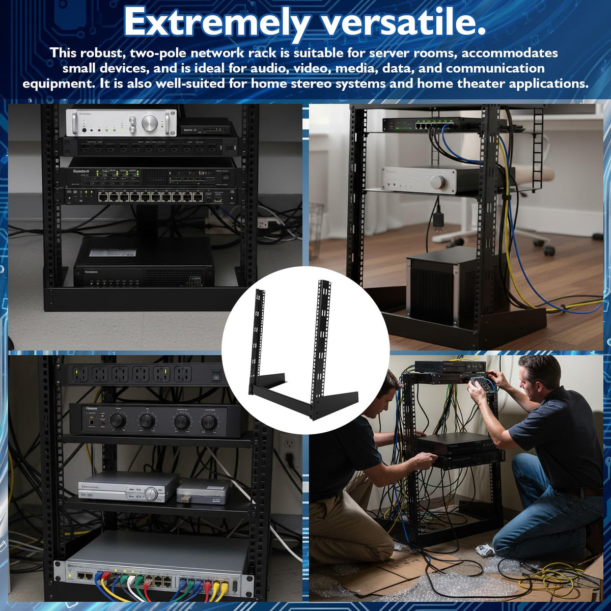 Moxweyeni 12u Open Frame Server Rack 19" 2 Post Network Rack for Audio Video Device Free Standing Desktop or Floor Lightweight Hinged Design, Compatible with Eia-310 Compliant, 140 Lbs Load Capacity