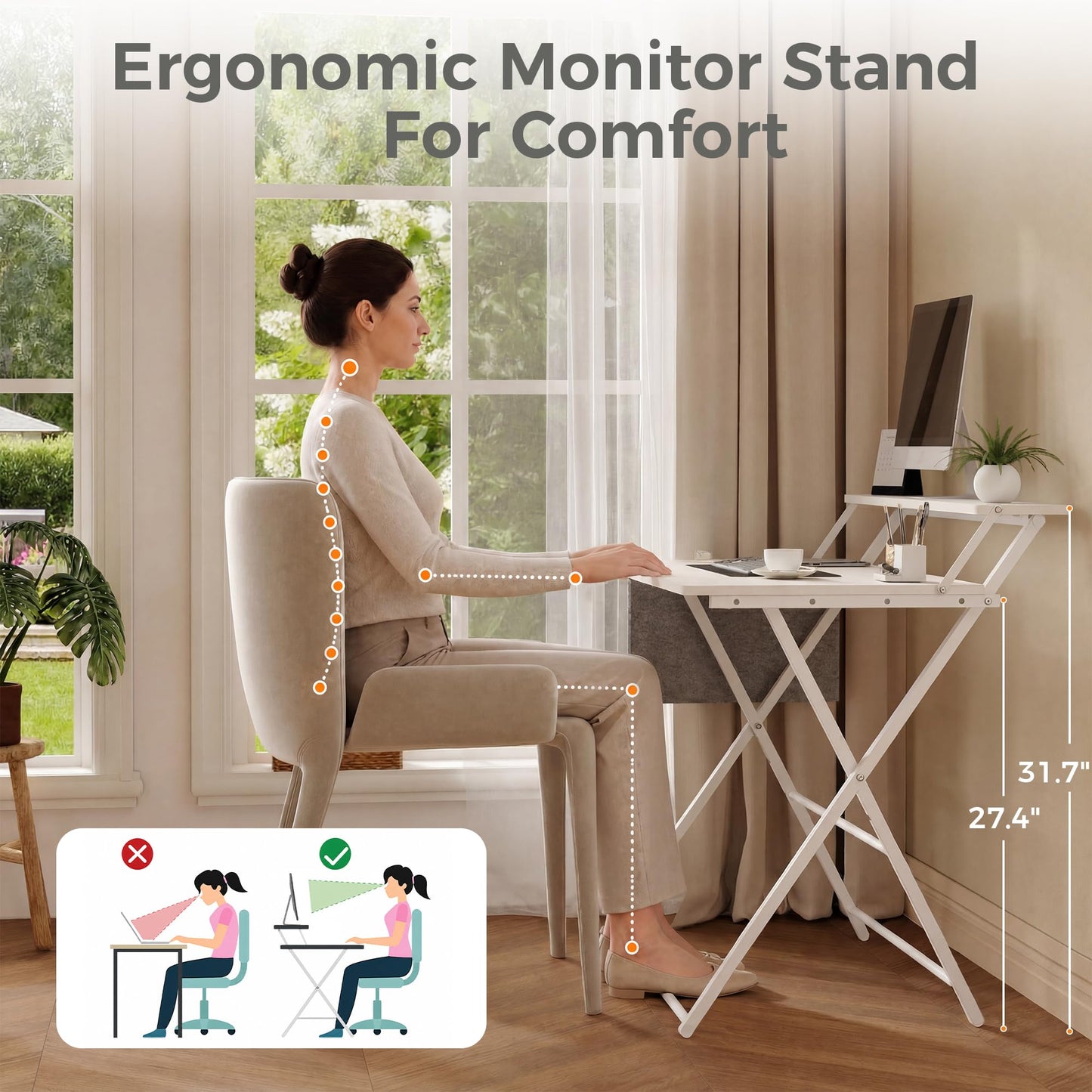 Small Desk No Assembly,31.5Inch 2-Tier Compact Computer Desk with Shelf & Side Pocket,Space Saving Foldable Table for Home Office, Bedroom or Apartment,Portable Collapsible Sturdy Laptop Desk,White