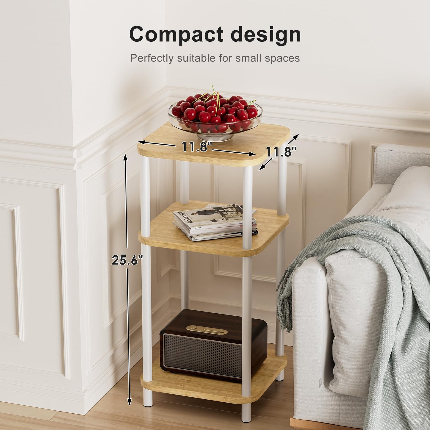 SANLUCE Bamboo End Table with Charging Station, Side Table for Small Space, Small Table Stand, Narrow Wooden Bedside Table Nightstand with Shelves, for Nursery, Living Room, Bedroom, Natural and White