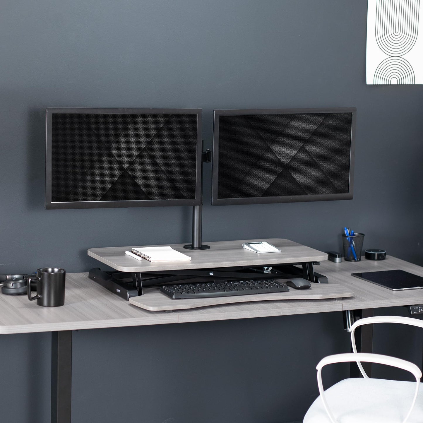 VIVO Height Adjustable 32 inch Standing Desk Converter with Dual 13 to 30 inch Monitor Stand, Sit Stand Monitor Mount and Desk Riser, Gray, DESK-V000K-M2G