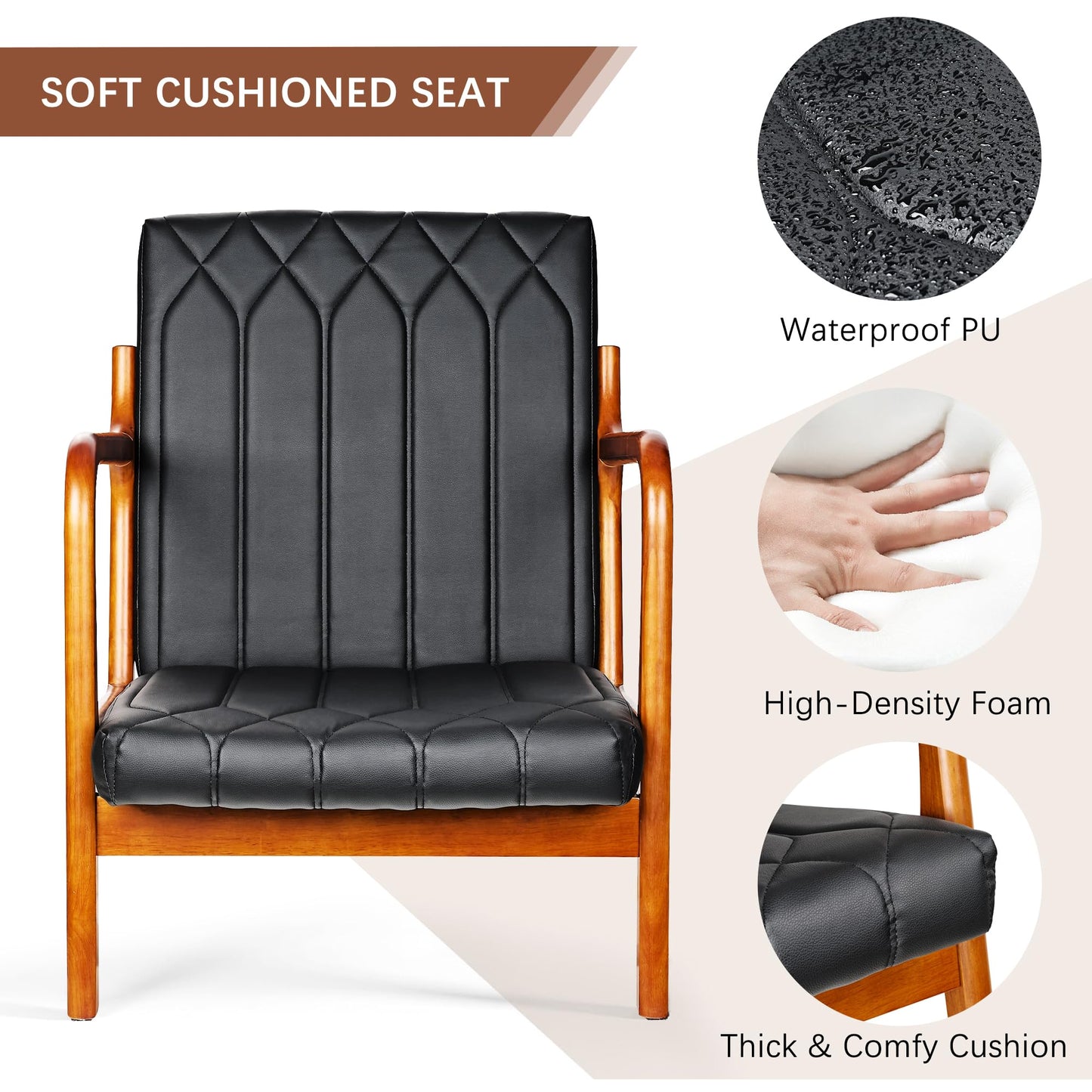 VECELO Mid-Century Modern Accent Chair with Faux Leather Cushion & Solid Wood Frame, Lounge Armchair for Living Room, Bedroom, Office, Black