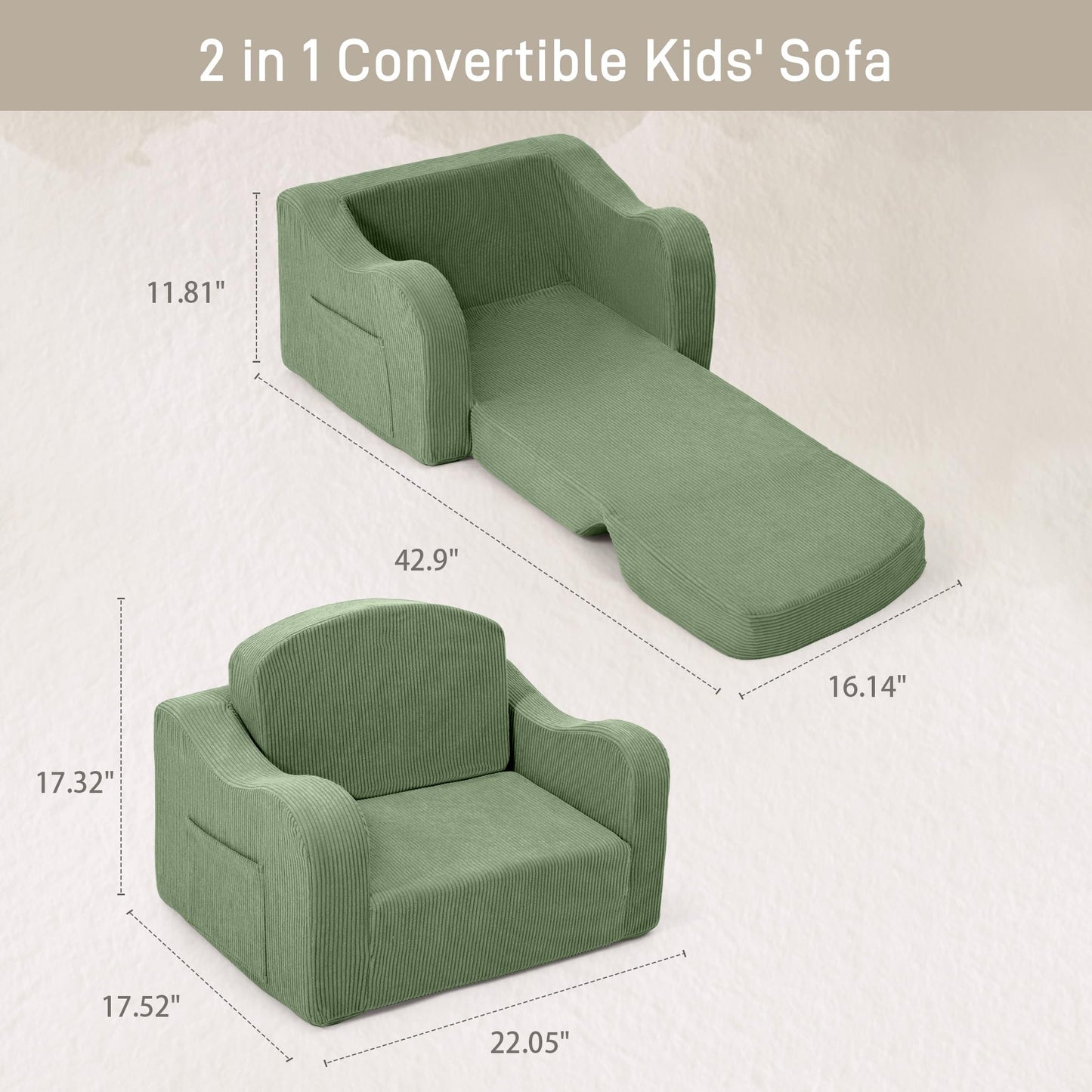 aodisman 2-in-1 Kids Chair and Couch, Thick Cozy Corduroy Kids Sofa, Convertible Foam Seating for Reading, Playing, Removable Washable Cover,Green