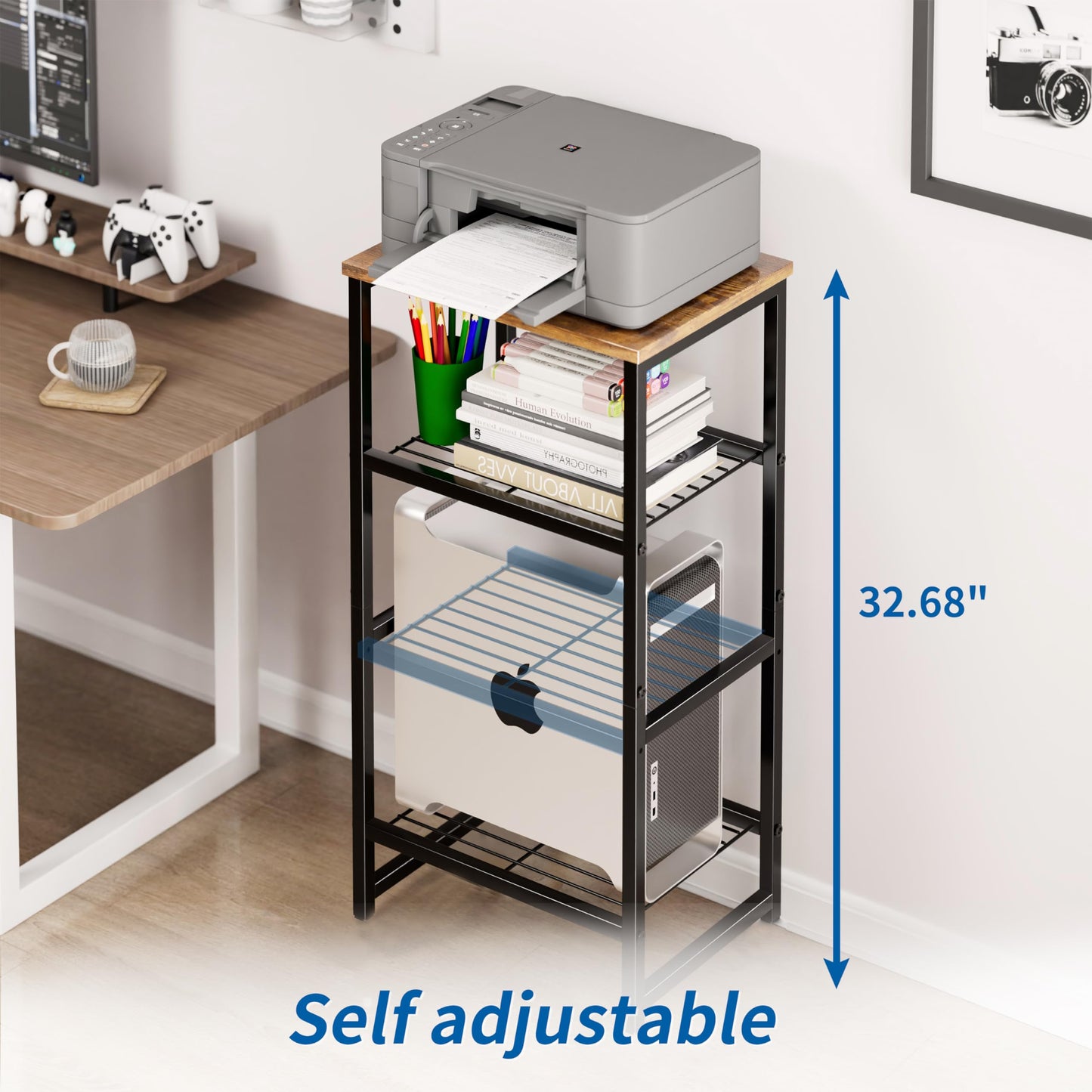 MWQ Industrial 3 Tier Printer Stand, Home Printer Wood Table with Wire Storage Shelf for Scanner Fax Machine, Heavy Duty Metal, Rustic Brown with Burly Wood Board