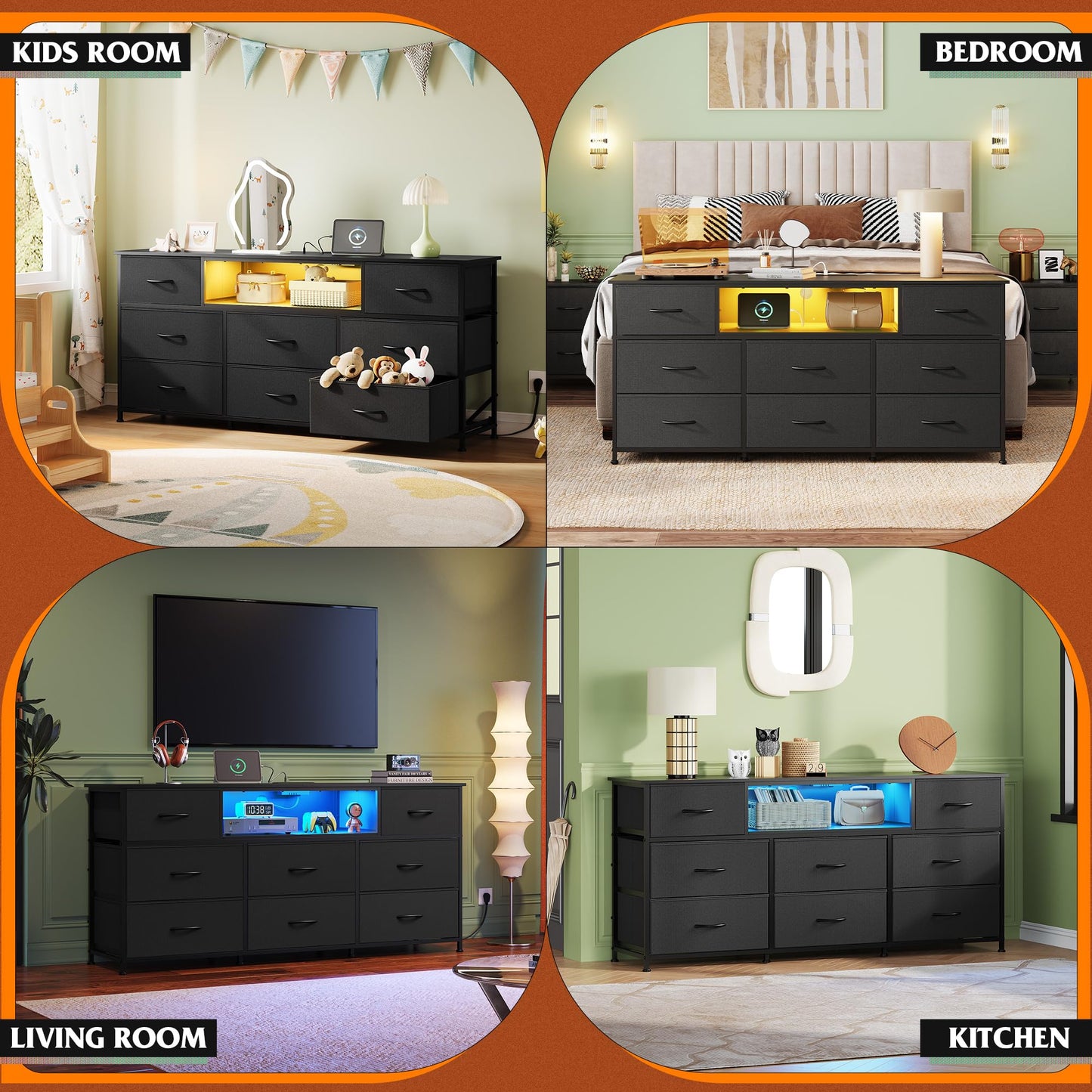 WLIVE Black Dresser TV Stand for 50, 55, 65 inch TV, Entertainment Center with LED Lights & Charging Station, Chest of Drawers with 8 Fabric Drawers and Open Shelves for Living Room, Hallway, Wood Top