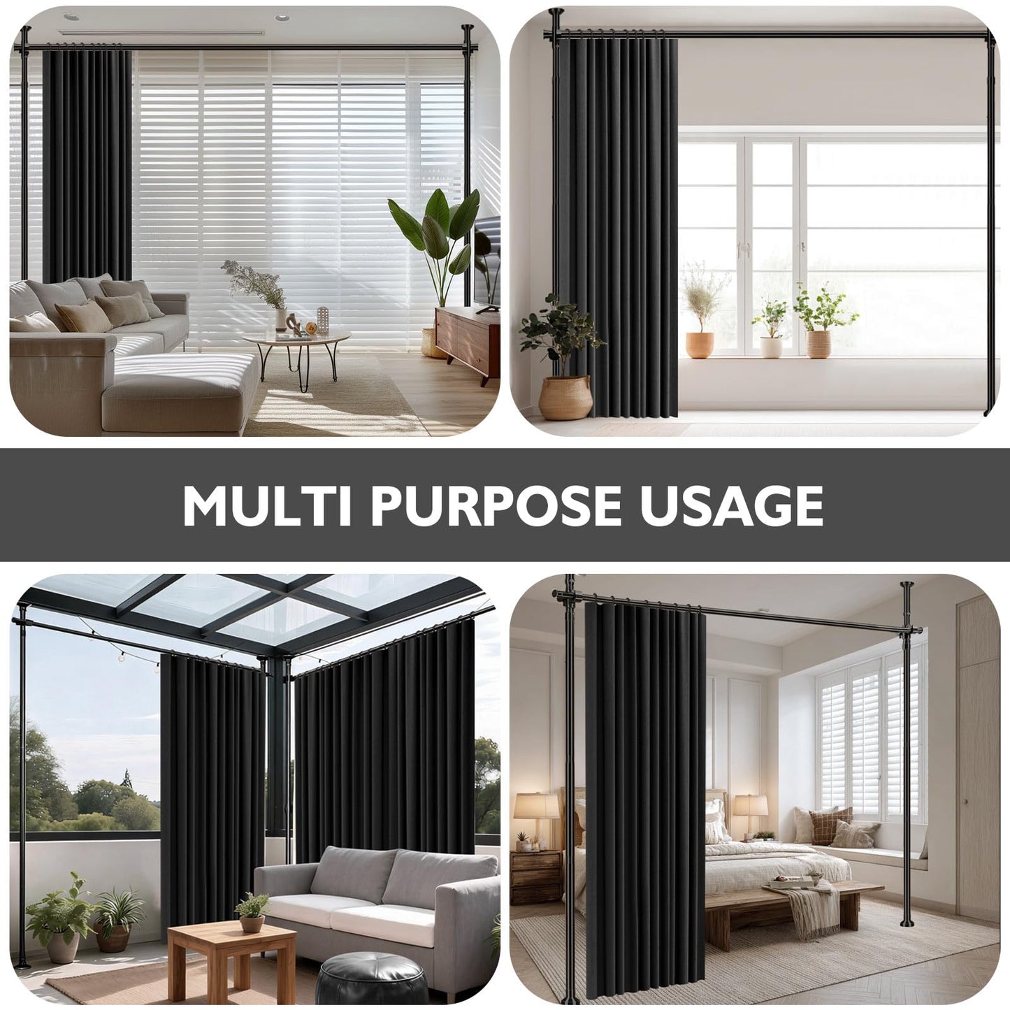 GONNRLY Room Divider Curtain Set-No Drilling Curtain Rod Set, Room Divider Wall for Partition Room Dividers, Bedroom Divider Black-100 W x 84" L(Pack of 1)