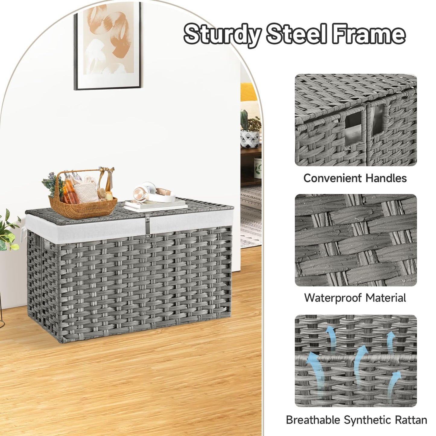 180L Wicker Storage Basket with Lid, Handwoven Rattan Large Shelf Basket with Removable Liner, 47.6 Gallon Wicker Basket for Blanket, Storage Trunk with Handle for Closet, Bedroom, Livingroom, Grey