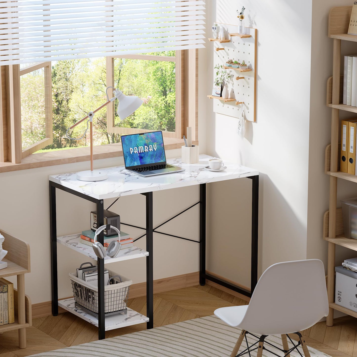 Pamray 32 Inch Small Computer Desk with Shelves, Home Office Desk with Headphone Hook for Bedroom, Study Writing PC Table for Small Spaces, Marble