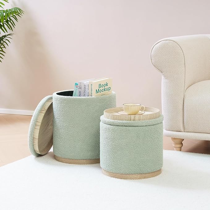 PINPLUS Round Ottoman with Storage Set of 2, Storage Ottoman with Tray