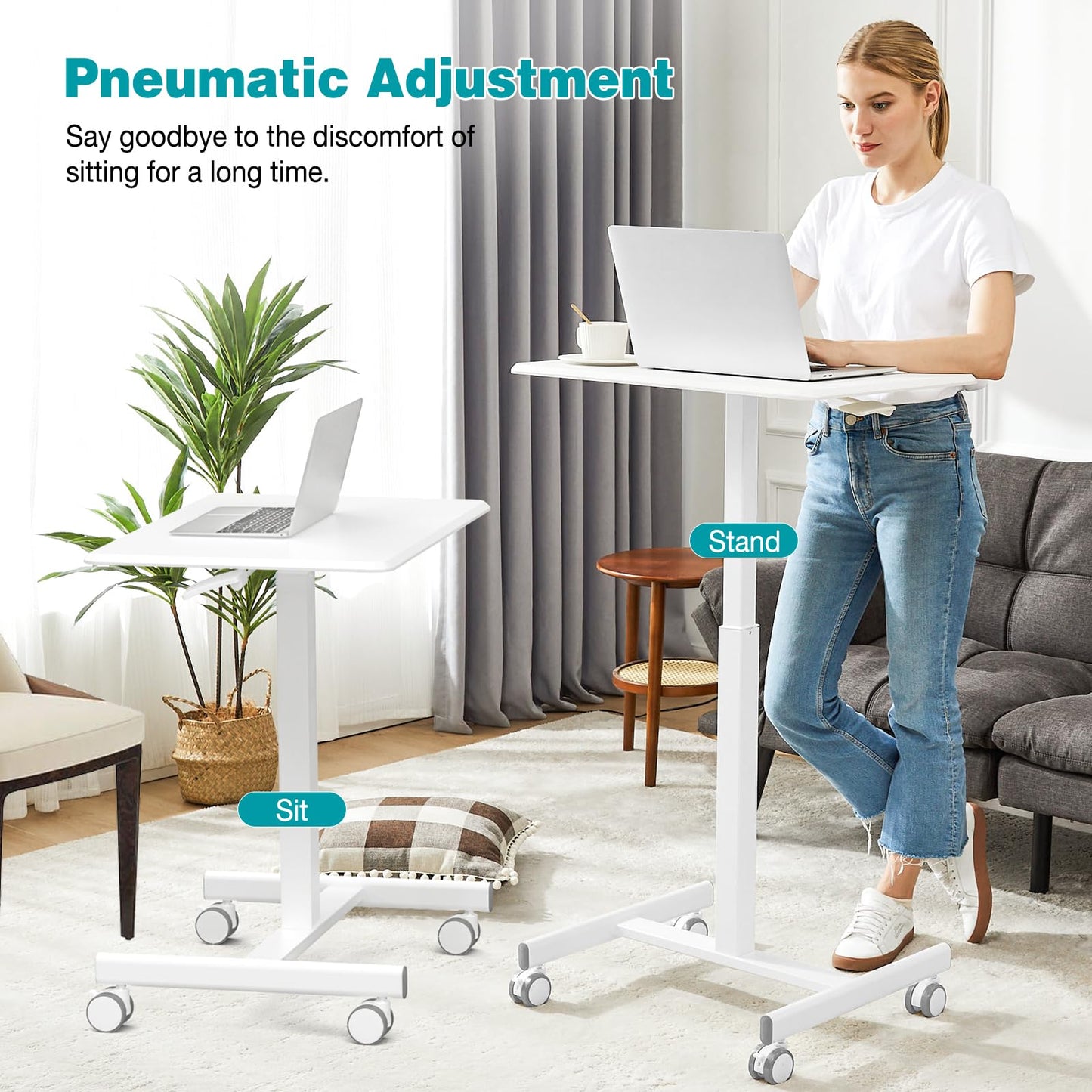 DUMOS Small Standing Desk Mobile Portable Rolling Laptop PC Table on Wheels Adjustable Height Computer Workstation for Home Office, Compact Small Space, Easy Assembly, 19 Inch, Modern White