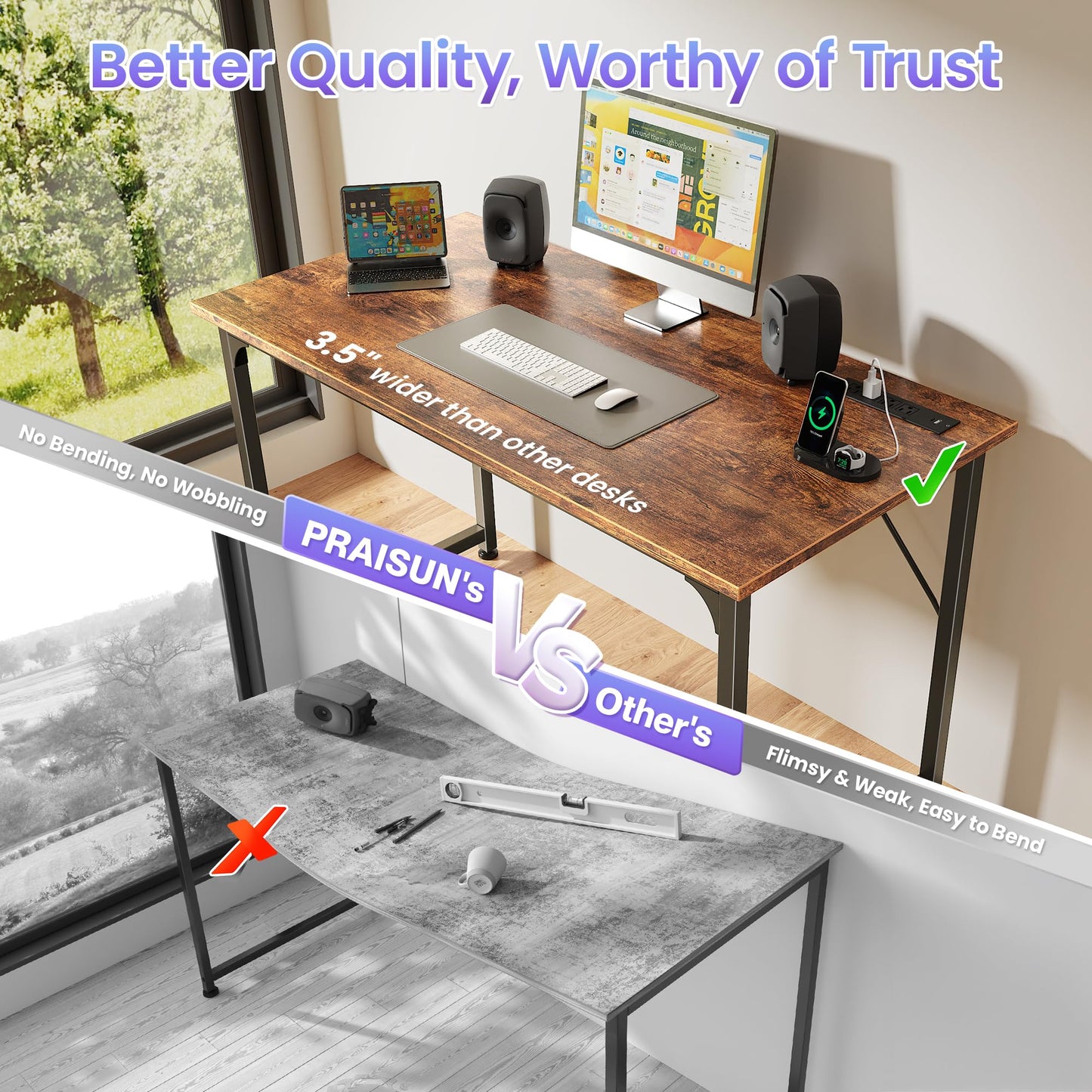 PRAISUN 40 X 20 Inch Computer Desk with Power Outlets and USB-C Port, Gaming Office Desk with Deeper Desktop, Writing Work Desk for Home Office, Study, Bedroom, Metal Frame, Rustic Brown