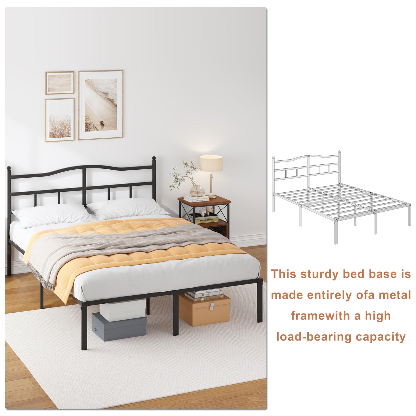 OSASET 14 inch King Bed Frame -Platform Bed Frame with Headbroad Metal Bed Frame No Box Spring Noise Free Easy Assembly