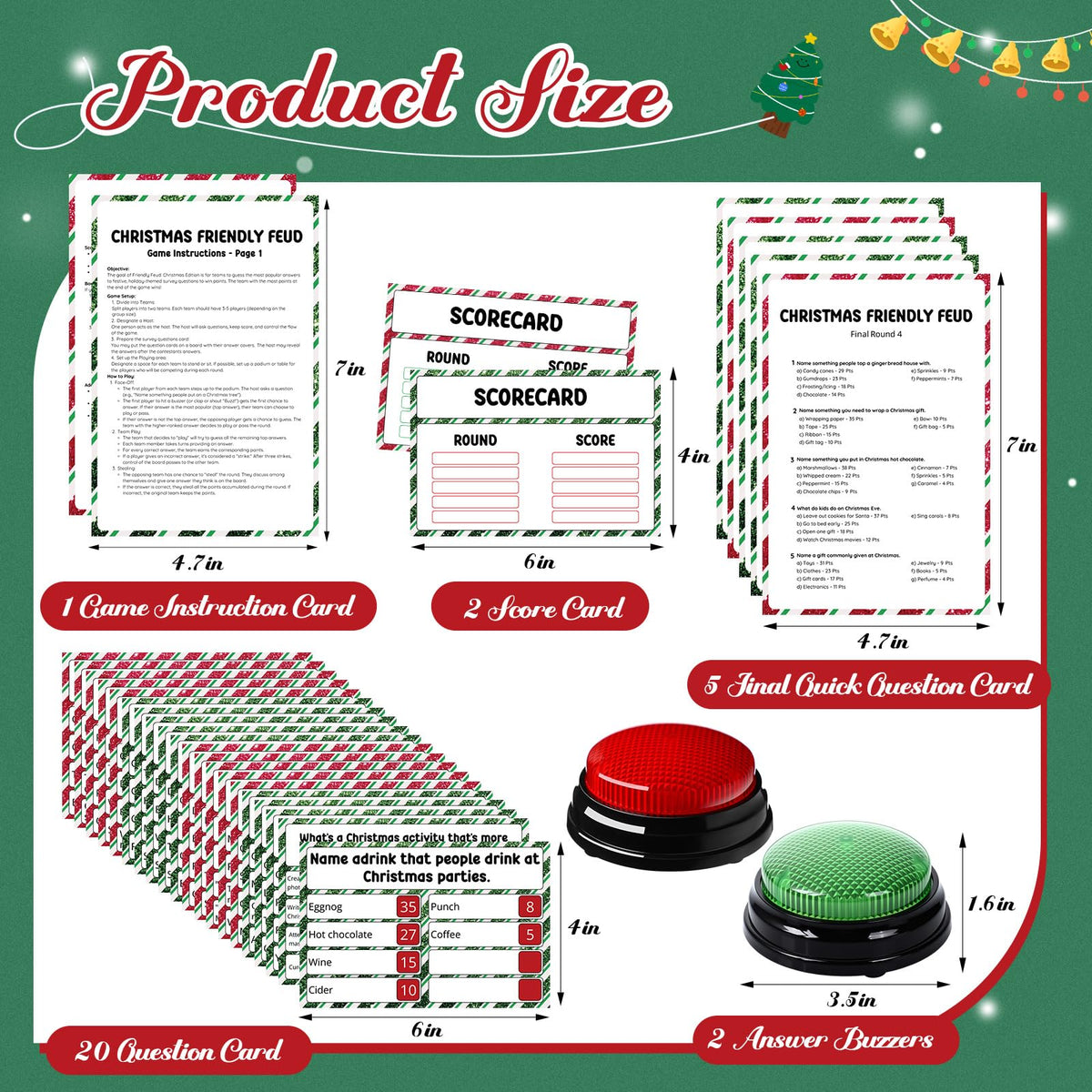 Humyoun Christmas Friendly Feud Game with 2 Answer Buzzers, Holiday Feud Cards for Family Game Night Fun Trivia Quiz for Xmas Party Office Class Groups Team Building