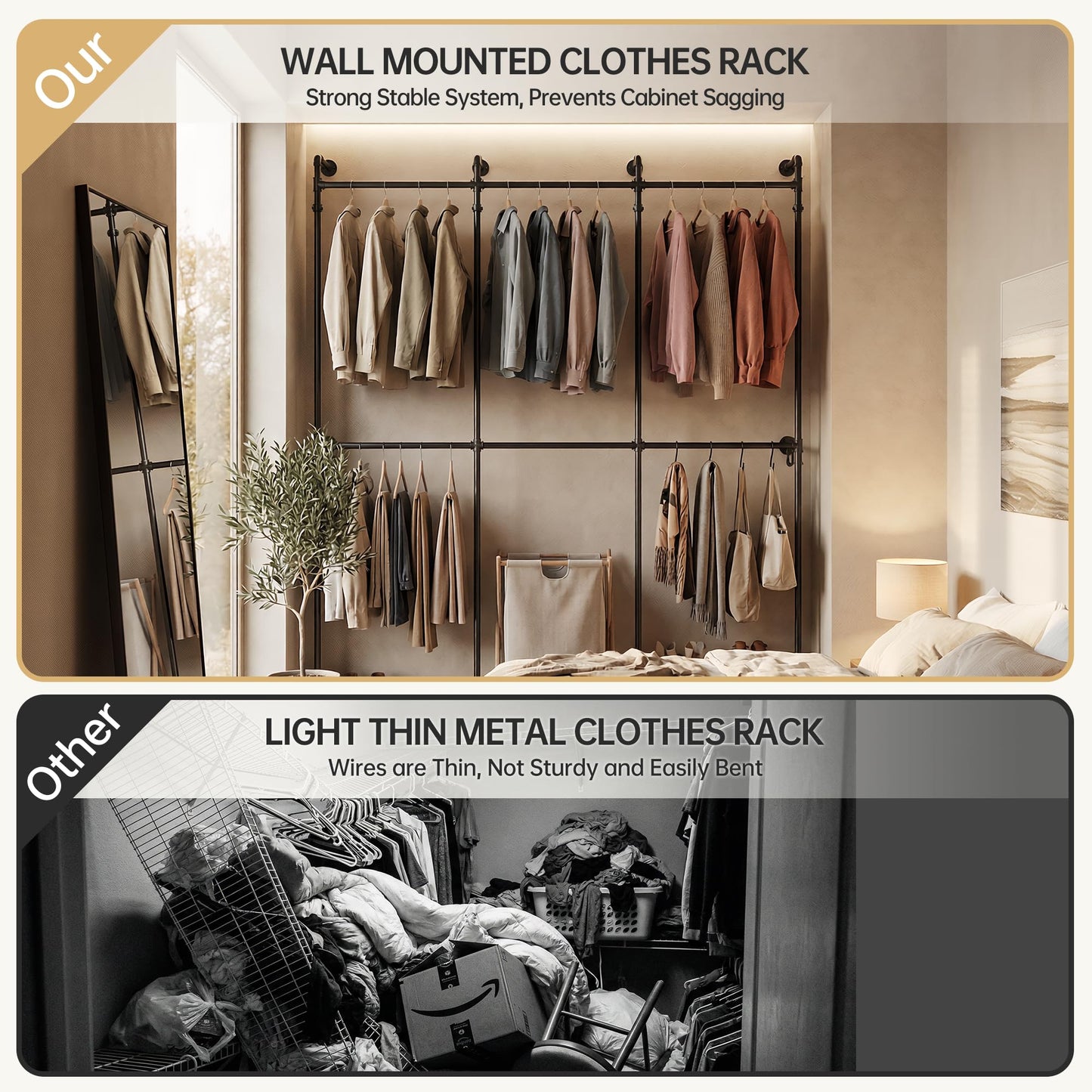 Kryonix Heavy Duty Wall Mounted Closet System, Industrial Pipe Clothing Rack with 6 Hanging Rods, 960LBS Capacity, Space Saving Garment Rack for Walk in Closet Bedroom, Black