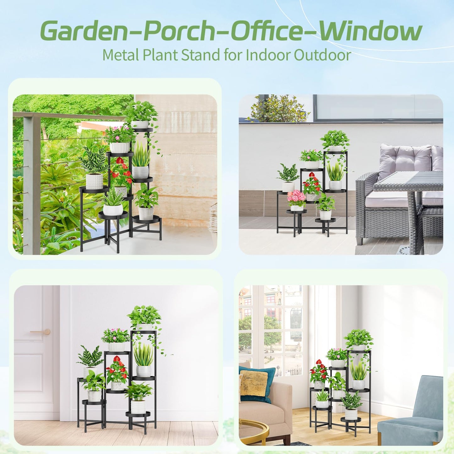 iDavosic.ly Plant Stand Indoor Outdoor, 7 Tier Corner Metal Flower Display Holder Shelf, Folding Tall Orchid Rack for Patio Balcony Porch Garden Living Room House, Black