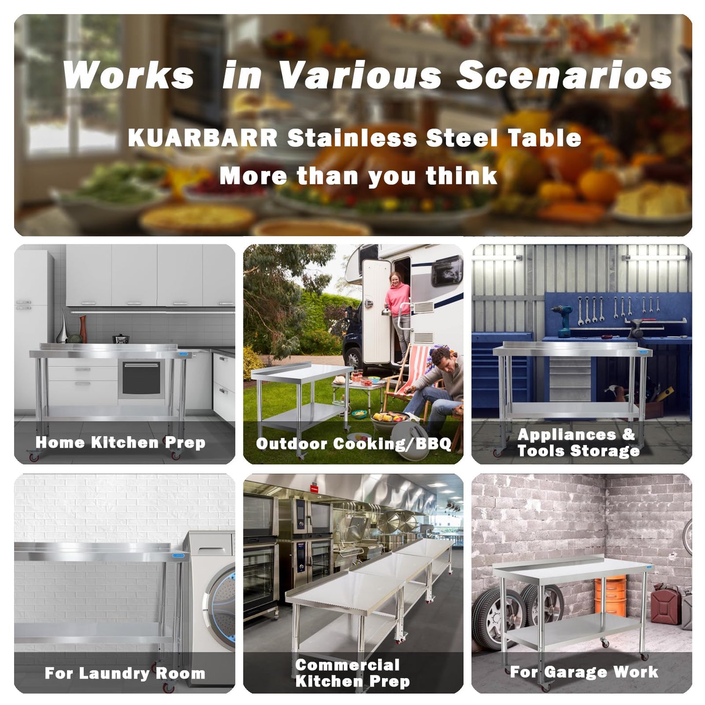 KUARBARR Stainless Steel Table for Prep & Work with Backsplash 24 x 30 Inches NSF Metal Commercial Kitchen Adjustable Under Shelf Worktable for Restaurant Home Outdoor