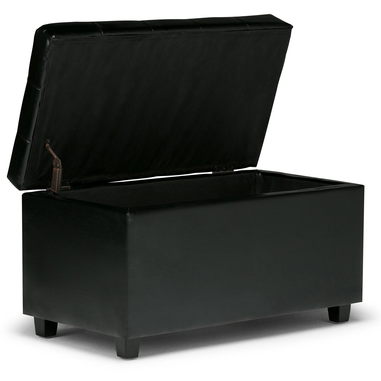 SIMPLIHOME Cosmopolitan Storage Ottoman - 34 inch Wide Upholstered Vegan Leather Rectangle Storage Ottoman Bench in Midnight Black, Transitional Tufted Ottoman for Living Room with Lift-Up Lid