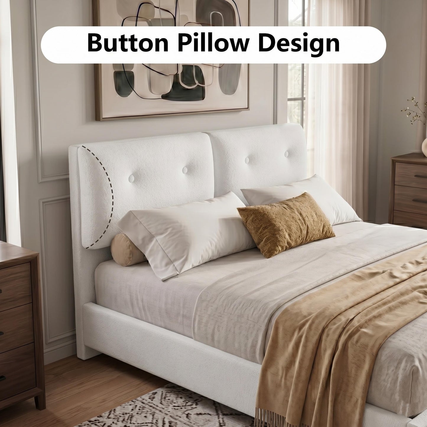IMMERSTABLE Bed Frame Queen Size, Boucle Upholstered Bed Frame with Headboard, Removable and Washable, No Box Spring Needed, Wood Slat Support，Easy Assembly, White