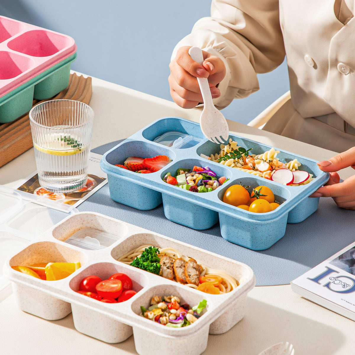TOUWMX Bento Box Adult, 4 Pack 5 Compartments Meal Prep Container Reusable Food Storage Lunchable Containers with Sauce Containers, Snack Boxes For Adults Bento Box For Kids