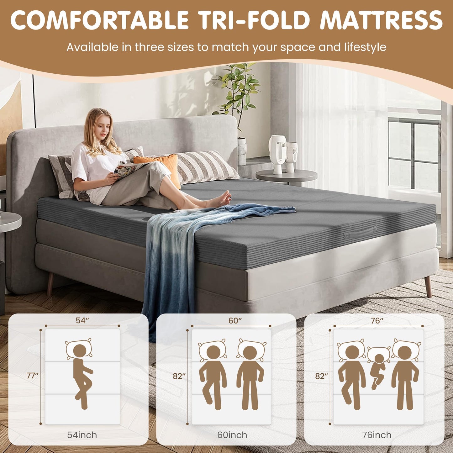 NLDD Convertible Sofa Bed Full,5-in-1 Folding Boneless Couch Corduroy Futon Sofa Bed,Tri-Fold Mattress with Removable Armrests & Handle,Sleeper with Pull Out Bed for Small Space Bedroom Grey