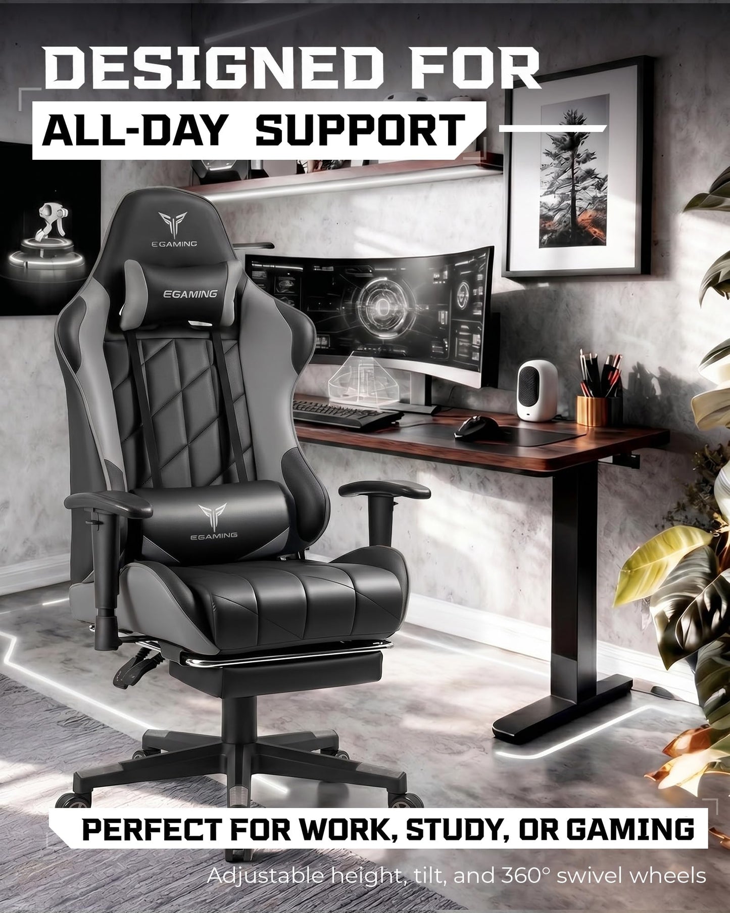 GTPLAYER Gaming Chair, Big and Tall Video Game Chair with High Back PU Leather, Home Office Ergonomic Computer Chair with Footrest, Adjustable Height, 360° Swivel Wheels for Adults and Teens